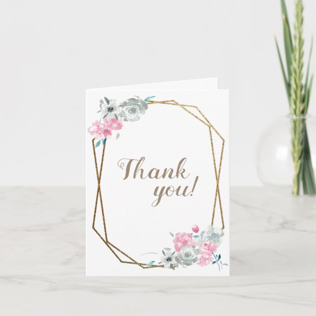 Watercolor Flower Gold Frame wedding photo Thank You Card (Front)