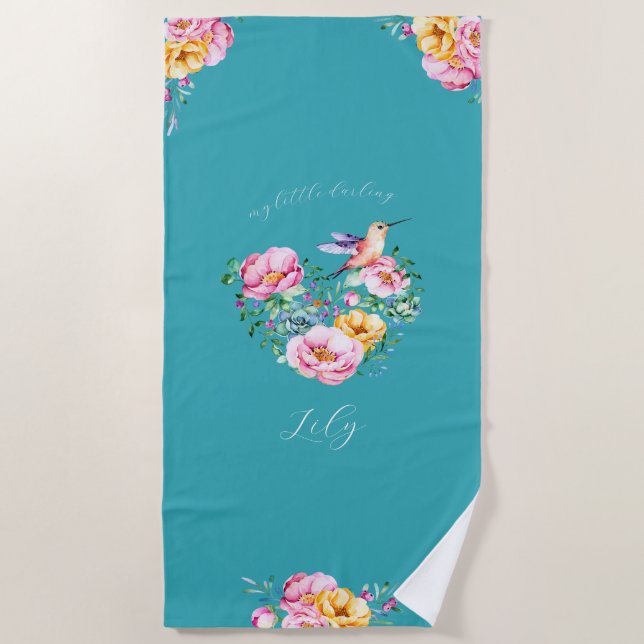  Watercolor Flower Heart and Hummingbird Beach Towel (Front)