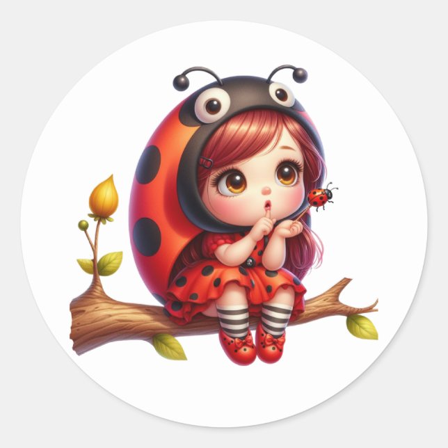 Watercolor Flower Ladybug Girl  Classic Round Sticker (Front)