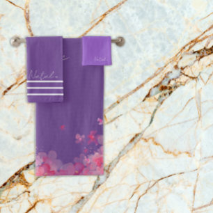 Watercolor flower lavender purple name  bath towel set