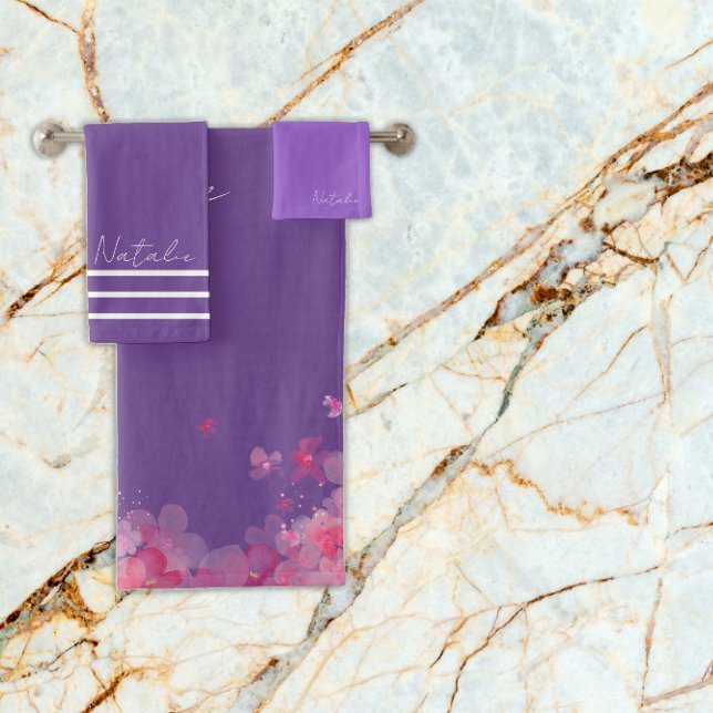 Watercolor flower lavender purple name  bath towel set (Creator Uploaded)
