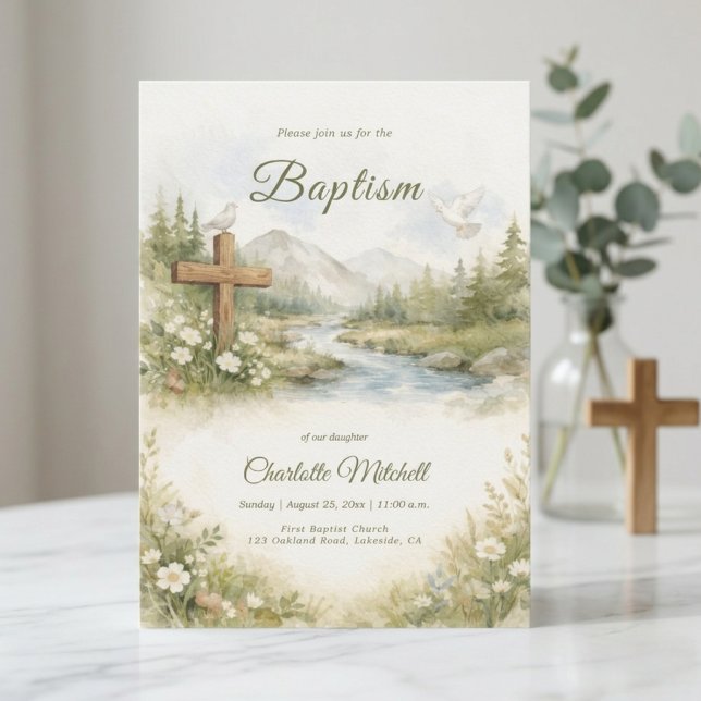 Watercolor Flower Minimalist Baptism Invitation (Creator Uploaded)