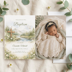 Watercolor Flower Minimalist Baptism Photo Invitation