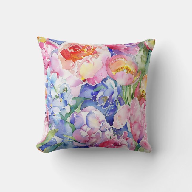 Watercolor flower mix peony tulip rose pentinius cushion (Front)
