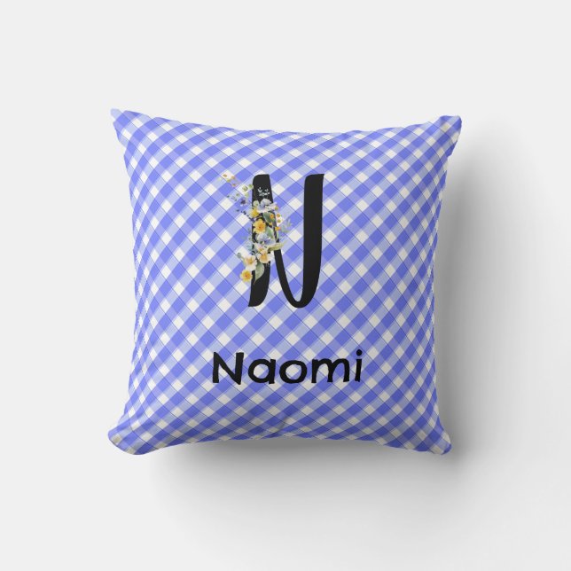 Watercolor flower Monogram gingham blue pattern Cushion (Front)