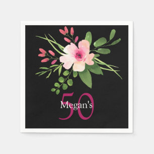 Watercolor Flower, Name, Birthday, Age on Black Napkin