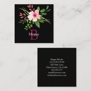 Watercolor Flower, Name, Monogram & Info on Black Calling Card