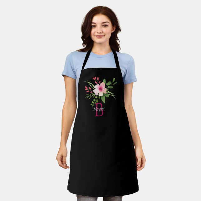 Watercolor Flower, Name & Monogram on Black Apron (Worn)