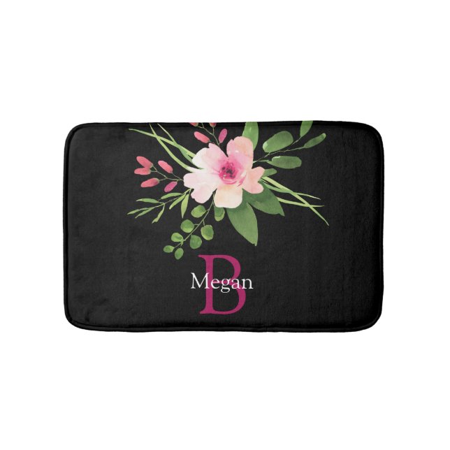 Watercolor Flower, Name & Monogram on Black Bath Mat (Front)