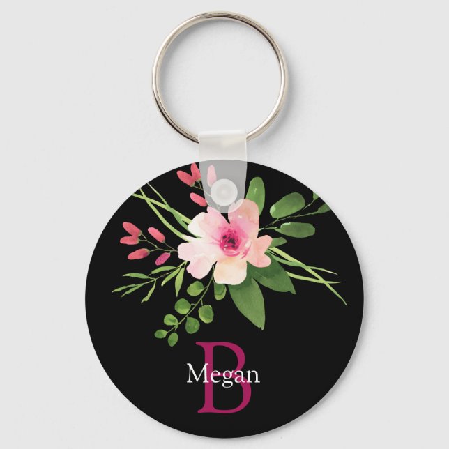 Watercolor Flower, Name & Monogram on Black Key Ring (Front)