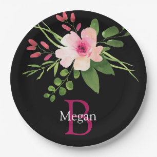 Watercolor Flower, Name & Monogram on Black Paper Plate