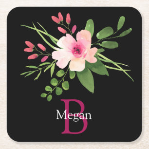 Watercolor Flower, Name & Monogram on Black Square Paper Coaster