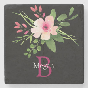 Watercolor Flower, Name & Monogram on Black Stone Coaster