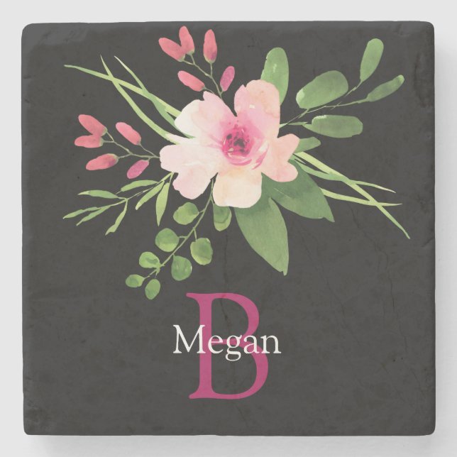 Watercolor Flower, Name & Monogram on Black Stone Coaster (Front)