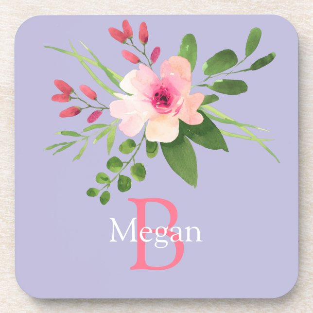 Watercolor Flower, Name & Monogram on Lavender Coaster (Front)