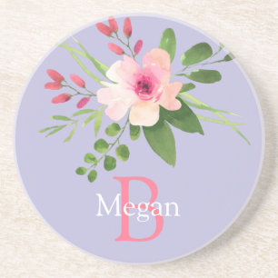 Watercolor Flower, Name & Monogram on Lavender Coaster