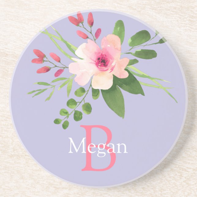 Watercolor Flower, Name & Monogram on Lavender Coaster (Front)