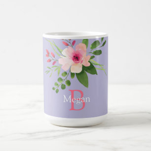 Watercolor Flower, Name & Monogram on Lavender Coffee Mug