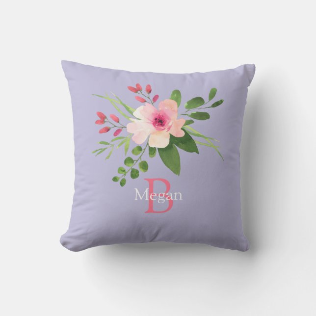Watercolor Flower, Name & Monogram on Lavender Cushion (Front)