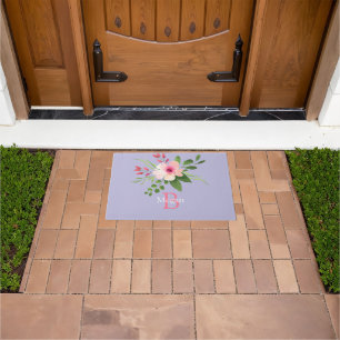Watercolor Flower, Name & Monogram on Lavender Doormat