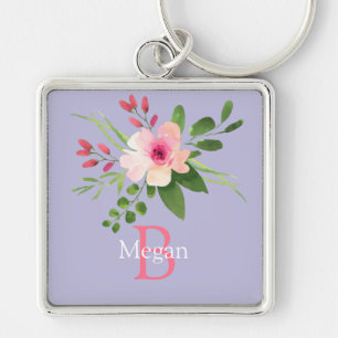 Watercolor Flower, Name & Monogram on Lavender Key Ring