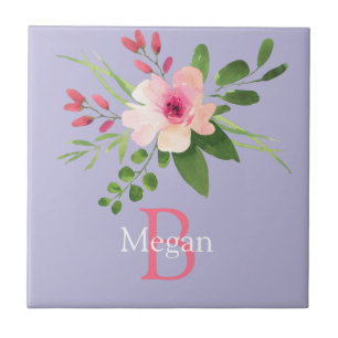 Watercolor Flower, Name & Monogram on Lavender Tile