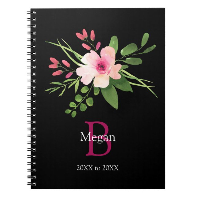 Watercolor Flower, Name & Monogram, Years on Black Notebook (Front)