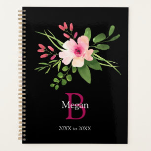 Watercolor Flower, Name & Monogram, Years on Black Planner
