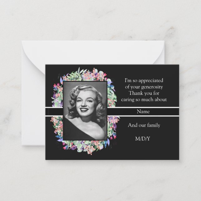 Watercolor Flower On Black After Funeral Thank You Card (Front)