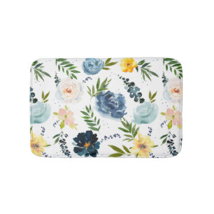 Watercolor Flower Outdoor Garden Roses Blue Yellow Bath Mat