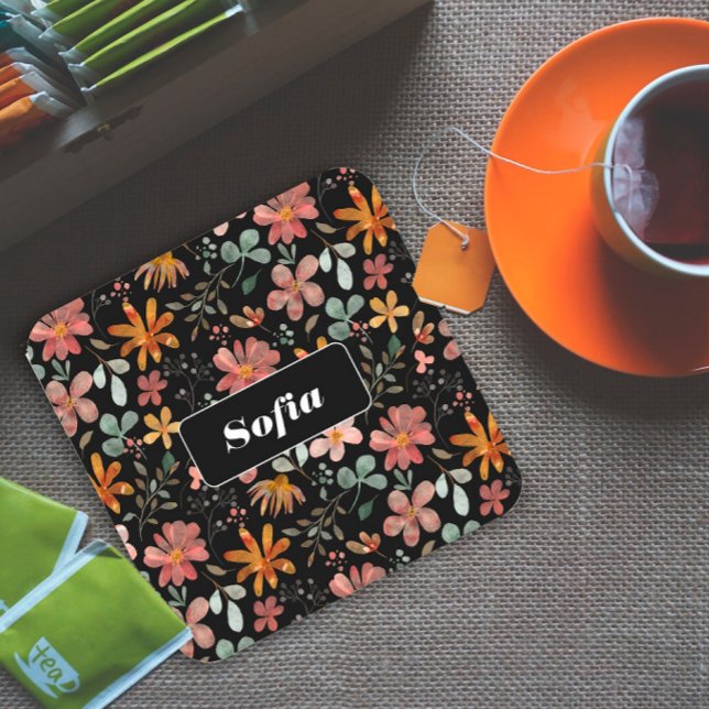 Watercolor flower pattern custom white black square paper coaster (Creator Uploaded)