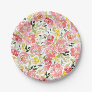 Watercolor flower pattern satin ribbon bowl paper plate