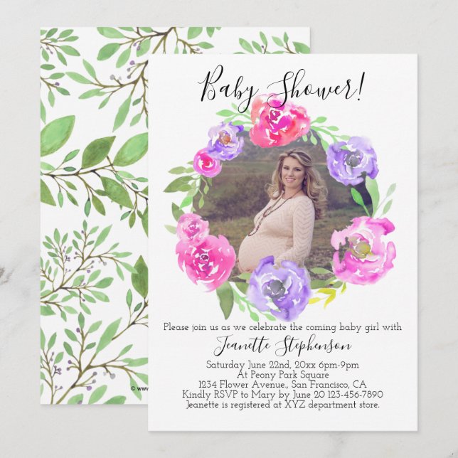 Watercolor Flower Photo Girl Baby Shower Invitation (Front/Back)