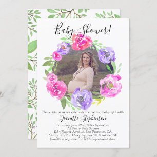 Watercolor Flower Photo Girl Baby Shower Invitation