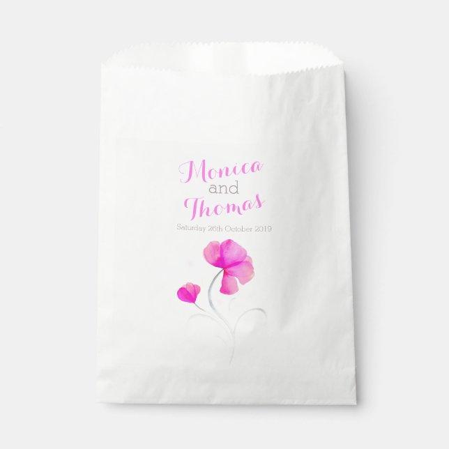 watercolor flower pink grey wedding favour bags (Front)
