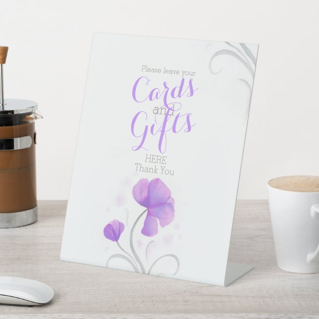 Watercolor flower purple wedding gift table pedestal sign (In SItu)