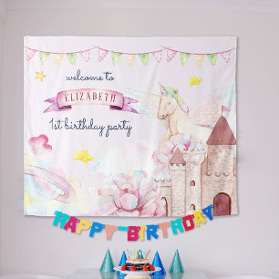 Watercolor Flower Unicorn Girl Birthday Welcome Tapestry