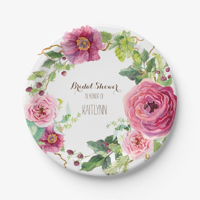 Watercolor Flower Wreath Peony Rose Bridal Shower Paper Plate (Front)