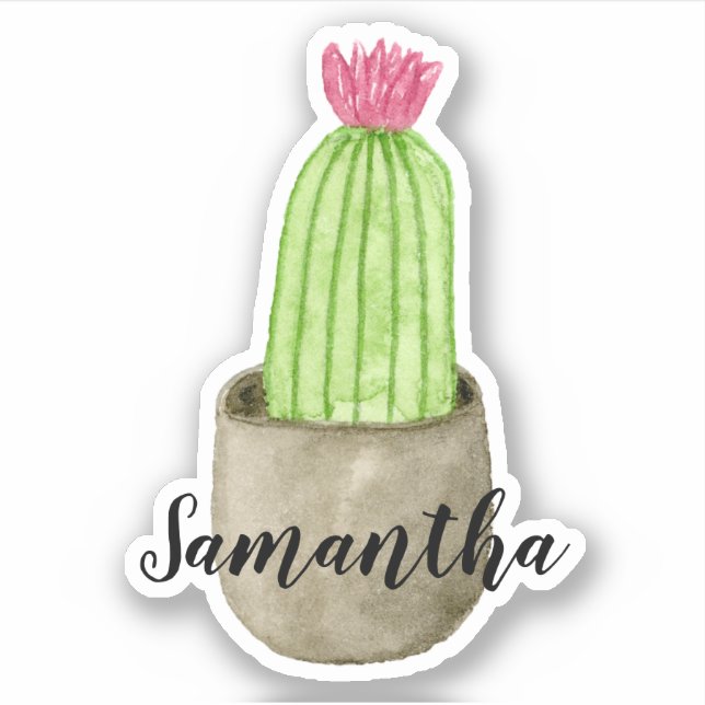 Watercolor Flowering Cactus Planter Name (Front)