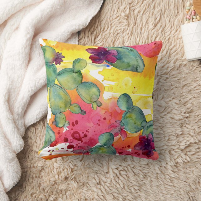Watercolor Flowering Cactus Throw Pillow Cover (Blanket)