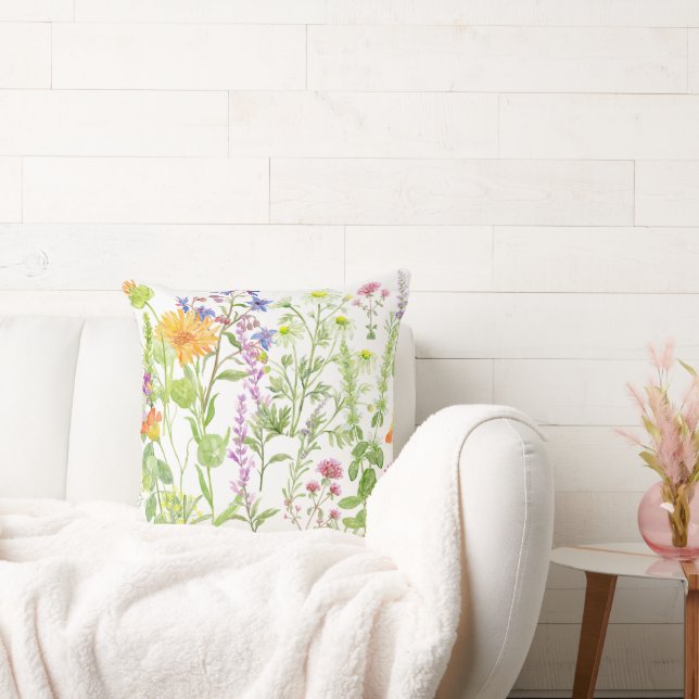 Watercolor Flowering Herbs Cushion (Couch)