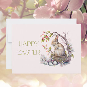 Watercolor Flowering Magnolia Easter Bunny Card
