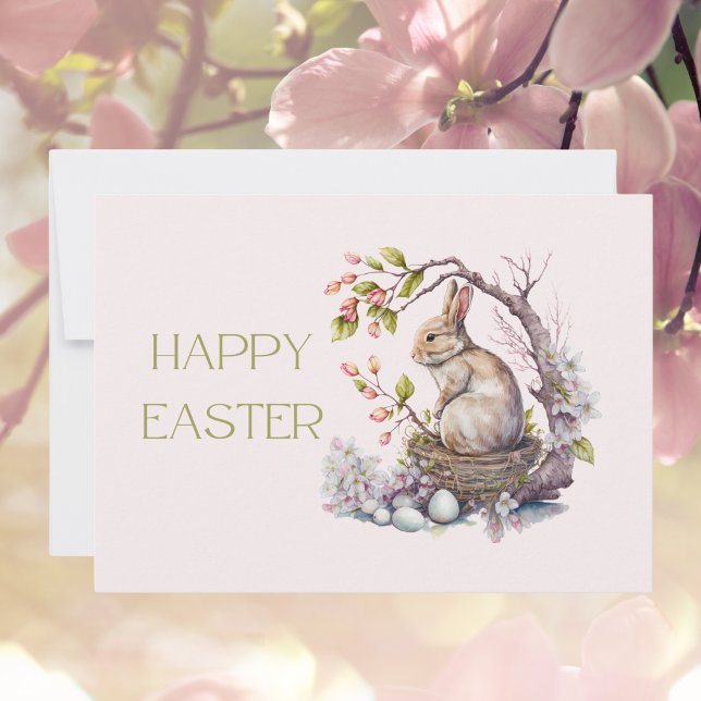 Watercolor Flowering Magnolia Easter Bunny Card (Creator Uploaded)
