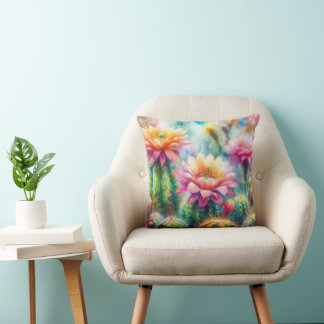 Watercolor Flowering Succulent Cacti Cushion