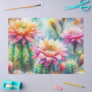 Watercolor Flowering Succulent Cacti Decoupage Tissue Paper