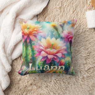 Watercolor Flowering Succulent Cacti Personalised Cushion