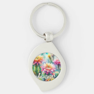 Watercolor Flowering Succulent Cacti Personalised Key Ring