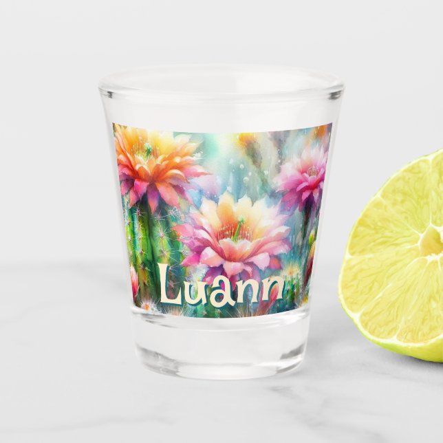 Watercolor Flowering Succulent Cacti Personalised Shot Glass (Front)