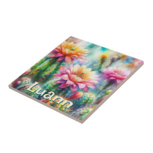 Watercolor Flowering Succulent Cacti Personalised Tile