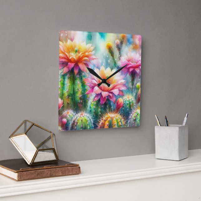 Watercolor Flowering Succulent Cacti Square Wall Clock (Office)
